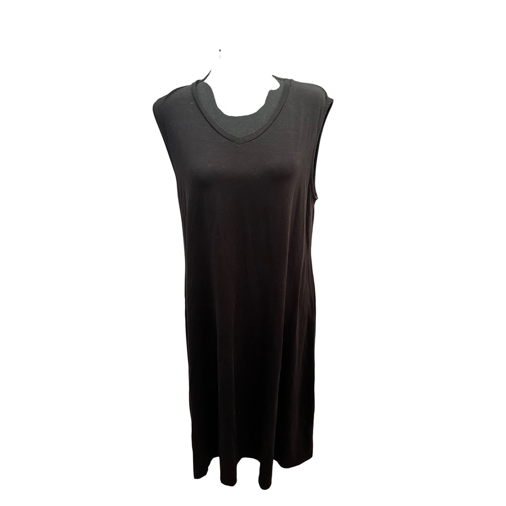 Eileen Fisher Black Tencel Lyocell V-Neck Sleeveless Midi Shift Dress Womens